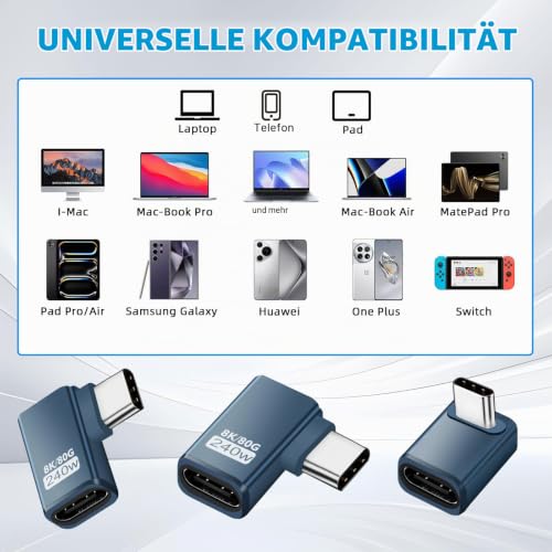 3 Stück USB C Extender Adapter 90 Grad, 80Gbps USB C Stecker zu Buchse Winkel Adapter, 240W Thunderbolt 5 Extension Connector für iPhone 15/16, Team Deck, Tablet, Telefone, andere Typ C Geräte (Grau)