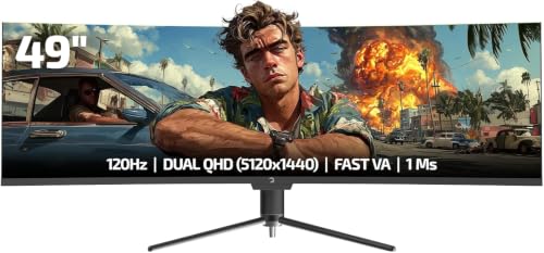 GAMEPOWER DQ49 49 Zoll Ultrawide Curved Gaming Monitor, 120Hz, 1ms, DQHD | 5120x1440, 32:9 VA Panel, HDR400, Adaptive Sync, Höhenverstellbar, Lautsprecher, HDMI & DP PC Bildschirm