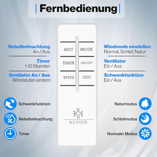 KESSER® Stand-Ventilator Frosty mit Wasser Ultraschall-Sprühnebel Wasserkühlung, inkl. Fernbedienung Timer-Funktion, Luftbefeuchter Leise, Nebelfunktion, Standventilator, Schwarz