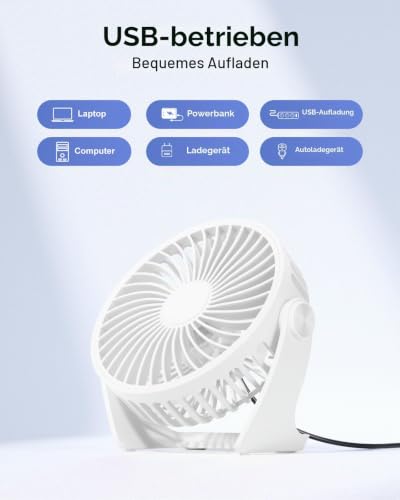 TriPole Tischventilator USB, Tragbarer Mini Ventilator mit 3 Geschwindigkeiten, Ultra Leiser USB Ventilator mit 360° Verstellbarem Kopf, Kleiner Ventilator für Büro, Schlafzimmer, Küche, Weiß