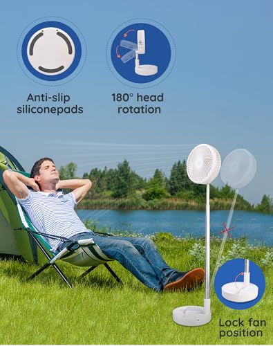 Primevolve 8" Ventilator Faltbarer mit Fernbedienung, 7200mAh Akku USB Standventilator Fan Tragbarer für Outdoor Reise Camping, Tischventilator Leise für Schlafzimmer Büro- Weiß