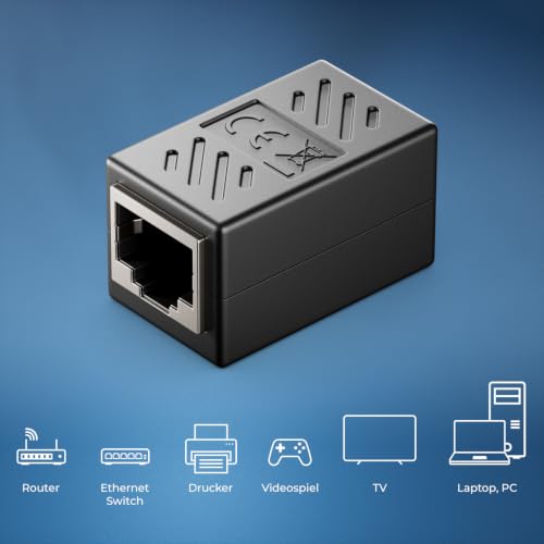 deleyCON RJ45 Kupplung 1000 Mbit Gigabit LAN Adapter, 2 Stück - Schwarz | LAN Kabel Verlängerung, Netzwerkkabel Verbinder, kompatibel zu Cat8, Cat7, Cat6, Cat5, Patchkabel, DSL POE, 2x RJ45 Buchse