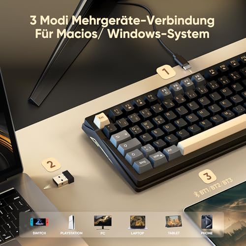 RedThunder K95 Kabellose Mechanische Gaming-Tastatur mit 1,88” Display & Knopf, QWERTZ 96 Tasten, Gasket, BT/USB-C/2,4GHz, Software, Hot-swap, Linear-Pink-Schalter, RGB, PBT-Tastenkappen, 8000mAh.