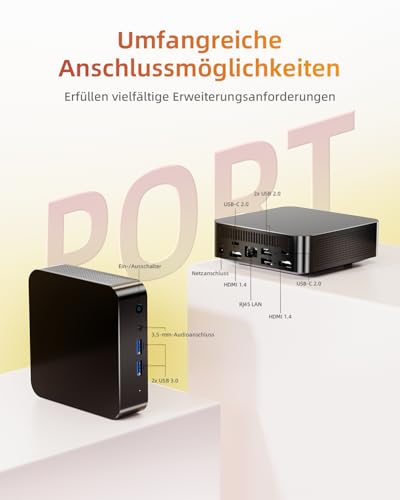 Mini PC mit Intel N3150 (Bis zu 2.08GHz, 4C/4T), 8GB RAM 256GB SSD Micro Computer mit Dual Volle Funktion Typ-C/4K Triple Display/WiFi 5/BT 4.2/USB 3.0 für Büro, Business
