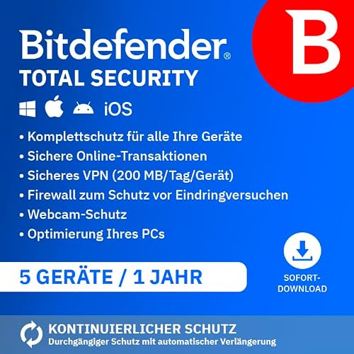 Bitdefender Total Security 2026| 5 Geräte | 1 Jahr | PC/Mac/iOS/Android | Code zur Aktivierung per E-Mail | Automatische Verlängerung