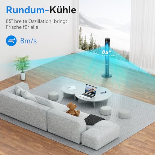YASHE Turmventilator mit Fernbedienung, 3 Geschwindigkeitsstufen, 3 Modi, 28 dB leiser, 12-Stunden-Timer, 85°-Oszillation ohne Rotorblätter für Zuhause, Schlafzimmer und Büro
