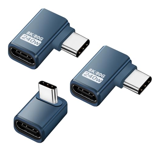 3 Stück USB C Extender Adapter 90 Grad, 80Gbps USB C Stecker zu Buchse Winkel Adapter, 240W Thunderbolt 5 Extension Connector für iPhone 15/16, Team Deck, Tablet, Telefone, andere Typ C Geräte (Grau)
