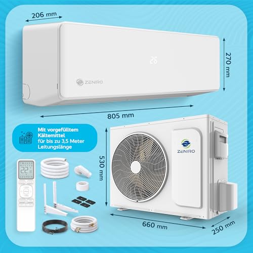 ZENIRO Split Klimaanlage 12000 BTU Set - mit Ionisator & WiFi/App-Funktion Klimagerät Kühlen A++/Heizen A+ 3,2kW Sehr Leise - Fernbedienung, Timerfunktion - inkl. Montagematerial