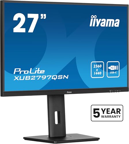 iiyama Prolite XUB2797QSN-B2 68,5cm 27" IPS LED-Monitor WQHD 100Hz HDMI DP-in/Out DaisyChain USB3.2 USB-C Dock 65W LAN Slim-Line Höhenverstellung Pivot AdaptiveSync schwarz