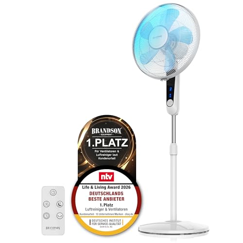 Brandson Standventilator mit Fernbedienung, 60 Watt, 3 Stufen, Timer, Weiß | Ventilator oszillierend 80°, höhenverstellbar 115 bis 134,5 cm, 3 Modi mit Nachtmodus, 3548 m³/h, Standlüfter, Schlafzimmer
