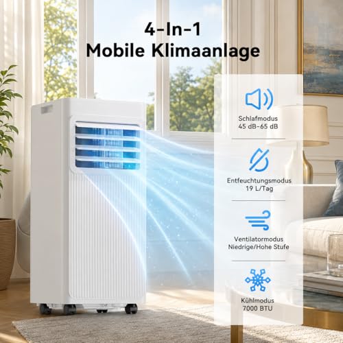 Mobile Klimaanlage mit Abluftschlauch 7000 BTU, 4-in-1 Mobiles Klimagerät (Kühlen, Entfeuchten, Ventilieren, Schlafmodus), Klimaanlage für Schlafzimmer & Wohnung, inkl. Fensterabdichtung, Weiß