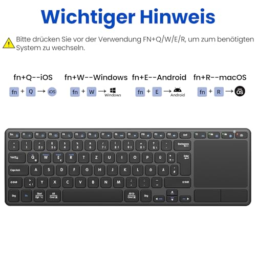Bnnwa Wiederaufladbare Kabellose Bluetooth Tastatur mit Touchpad,DE QWERTZ | Bluetooth & 2.4GHz Dual,Multi-Device Tastatur mit Touch Trackpad für Smart TV/PC/Laptop/Tablet,iOS/Android/Windows