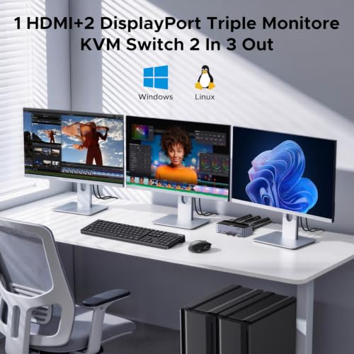 UGREEN HDMI+DP KVM Switch 2 PC 3 Monitore 8K60Hz mit 4 USB 3.0 Ports | 2DP+1HDMI KVM Switch 2 In 3 Out mit 4DP+2HDMI Kabeln; 4 USB 3.0 Ports Jede 5 Gbps Kompatibel mit Windows/Linux