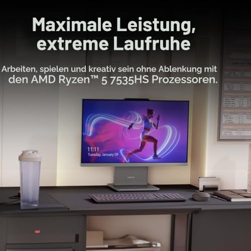Lenovo IdeaCentre Desktop-PC All-in-One, Display 27 Zoll FHD, AMD Ryzen 5 7535HS, 512 GB SSD, RAM 16 GB, Ladestation für Smartphone, kabellos, Speakers, WiFi 6, Windows 11 H, kabellose Tastatur + Maus