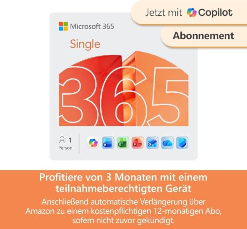 Microsoft 365 Single | 1 Person | 3 Monate kostenlos, danach folgt eine automatische Verlängerung über Amazon | 1TB Cloudspeicher | KI-gestützte Office Apps | 3-Monat Abonnement