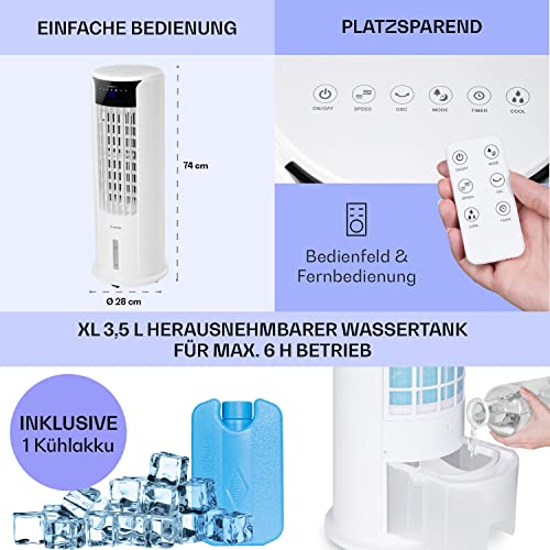 Klarstein Mobiler Luftkühler, 4-in-1 Air Cooler, Leiser Ventilator, Luftbefeuchter & Nachtmodus, Klimagerät ohne Abluftschlauch, Mobiles Klimagerät mit Wasserkühlung, 486 m³/h, 60 Watt, Antikweiß