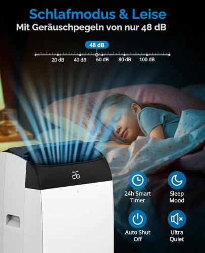 Mobiles Klimagerät 12000 BTU (2,6kW) – 4-in-1: Kühlen, Ventilieren, Entfeuchten, 24h-Timer – Leiser Betrieb <53dB, Digitaldisplay, Abluftschlauch, Für Räume Bis 51㎡