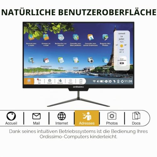 ORDISSIMO - All In One PC Clara 2 - Einfache Bedienung für Senioren Geeignet - Großer, Flacher 23,8“ Bildschirm - Intuitive Benutzeroberfläche & Vereinfachte Tastatur - Kabellose Maus, WiFi - Schwarz