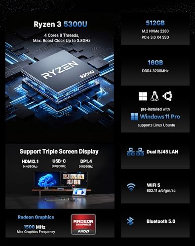 BOSGAME E5 Home-Office-Mini PC, Ryzen 5300U (Schlägt 4300U/N150, Bis zu 3.8GHz), 16GB DDR4 RAM 512GB NVMe SSD, Windows 11 Pro, HDMI/DP/USB-C, Triple 4K Display, Dual LAN, WiFi 5, BT5.0, Mini Computer