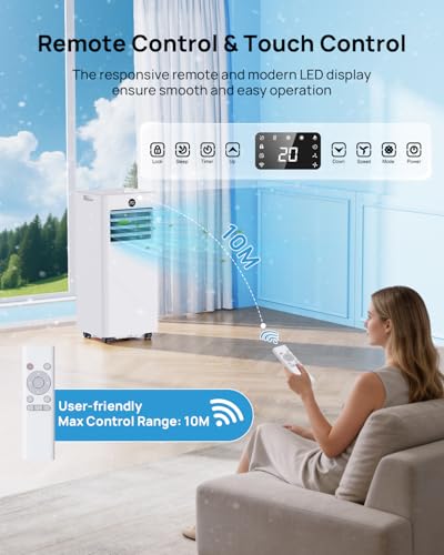 Klimaanlage Mobil 9000 BTU, Mobiles Klimagerät mit Abluftschlauch, Kühl-/Ventilations-/ Entfeuchtungs-/Schlafmodus 4-in-1, Digitalanzeige & Fernbedienung, 24H Timer, 360° Rollen, Inklusive Fensterset