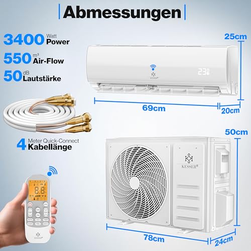 KESSER® Split Klimaanlage Set Quick Connect – WiFi & App Klimagerät mit Heizfunktion & Kühlmodus Wandklimaanlage, mit Kupferleitung 12000 BTU 3,4 kW Kältemittel R32 Inkl. Montagematerial