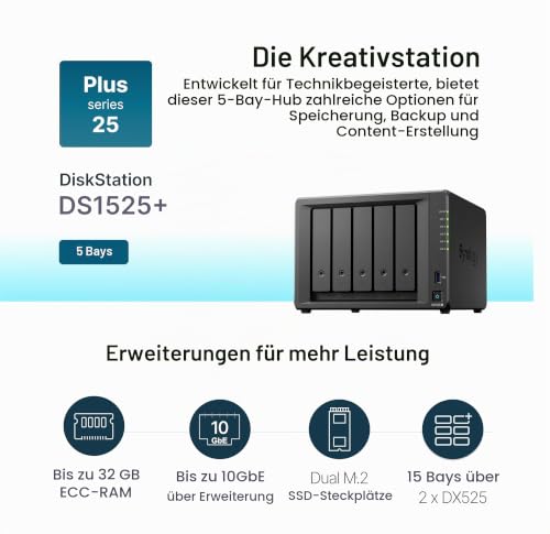 Synology Erweiterbares NAS-Kit mit 5 Schächten, DS1525+ AMD RyzenCPU mit 8 GB Speicher, 2,5 GbE Standardbenutzer, inländischer autorisierter Händler, Field Lake, Telefonunterstützung, DiskStation