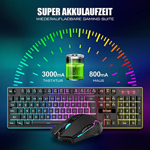 RedThunder K10 Kabelloses Gaming Tastatur und Maus Set, QWERTZ DE Layout, 3000mA Batteriekapazität und 3200 DPI für Gamer (Schwarz)