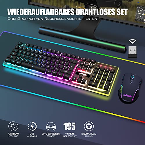 RedThunder K10 Kabelloses Gaming Tastatur und Maus Set, QWERTZ DE Layout, 3000mA Batteriekapazität und 3200 DPI für Gamer (Schwarz)