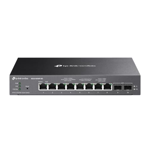 TP-Link Omada SG2210XMP-M2 2.5G PoE Switch, 8-Port 2.5G Multi-Gigabit mit 8 PoE+ Ports (160W), 2× 10G SFP+ Uplink, Smart Managed Switch, VLAN, QoS, Cloud Management, Lüfterlos