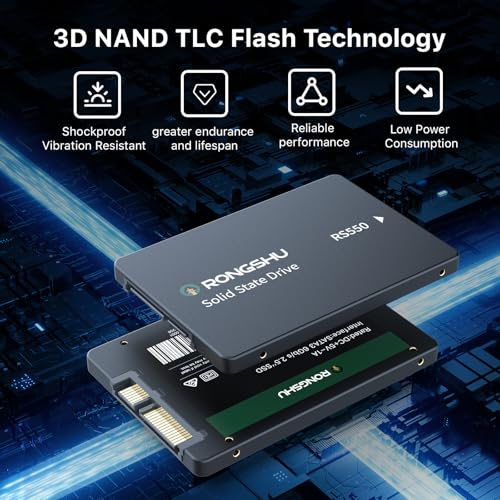 RONGSHU 256GB SATA SSD 2.5'' Interne SSD Festplatte, 2,5 Zoll SATA III 6 Gb/s, 550MB/s Lesen, 500MB/s Schreiben 3D NAND TLC Internes SSD, Upgrade Laptop PC und Desktops Speicher und Storage (RS550)