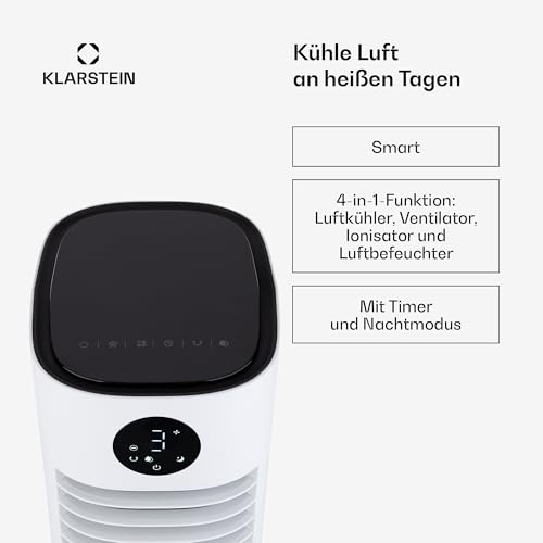 Klarstein Skytower Grand Smart Ventilator Mit Wasserkühlung – 4-in-1 Luftkühler, Luftreiniger & Luftbefeuchter, 460 m³/h, Wi-Fi & App-Steuerung, 8L Tank, 60 dB, Timer, Ionisator, für Smart Home, Weiß