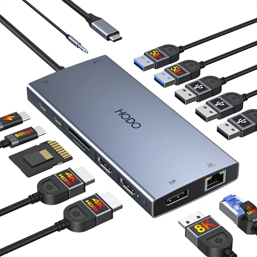 Dockingstation Laptop 2 Monitore, 15 in 1 Docking Station Triple Display | USB C Hub Adapter mit Zwei HDMI, 8K DisplayPort, Ethernet, PD, 5USB, USB C, SD TF Kartensteckplatz, Audio und Ein/Aus Taste