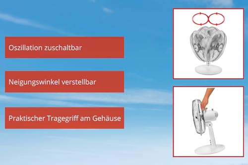 Unold 86810 Tischventilator Silverline White - Weiß, 2-Stufige Geschwindkeitsregelung per Tastendruck, Oszillation, 25 Watt, Schutzklasse II