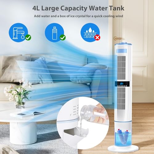 Klimaanlage Mobil, Klimagerät Ohne Abluftschlauch mit leisem Schlafmodus, Turmventilator 65 W, 1–24 Stunden Timer, 4 Modi, 60° und 360° Oszillation, 4 l Wassertank, mit 4 Kühlakku Fernbedienung