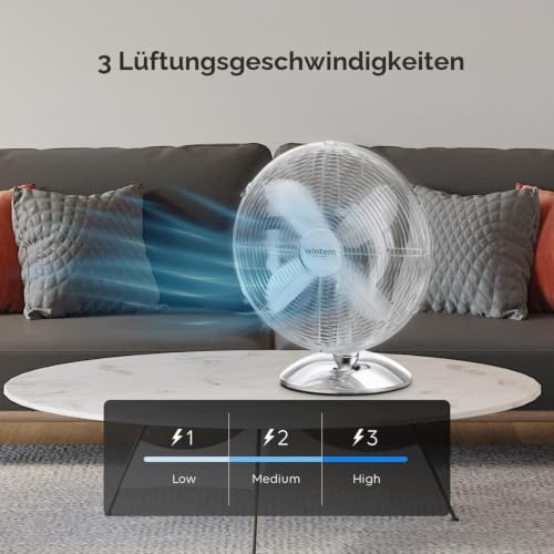Wintem Vortex Tischventilator aus verchromtem Stahl, 30 cm, 40 Watt, 3 Geschwindigkeiten und Oszillationsbewegung