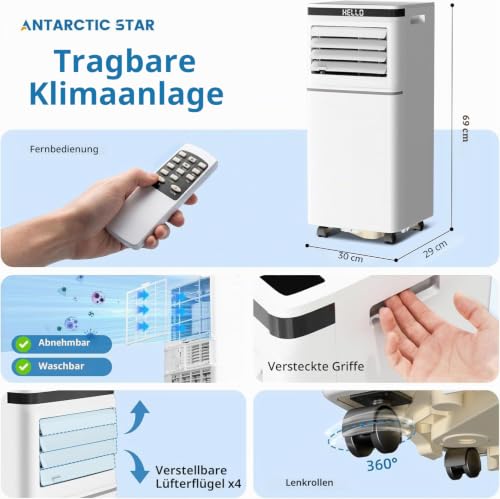 Antarctic Star - Mobile Klimaanlage 10000 BTU (ASHRAE), Fernbedienung, Ventilatormodus, erfrischt 350 m2 24 Stunden Timer, leiser Betrieb, Fensterventilator, 2