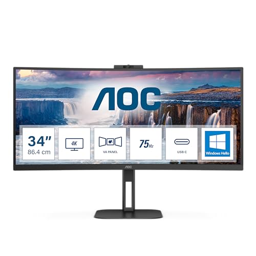 AOC CU34V5CW/BK 34 zoll Curved, UW-QHD USB Hub Monitor, 100Hz, VA Panel, 4ms GtG, , Webcam, FreeSync, Höhenverstellung,Lautsprecher,(3440x1440 HDMI 1x 2.0 DP 1x 1.2)Schwarz