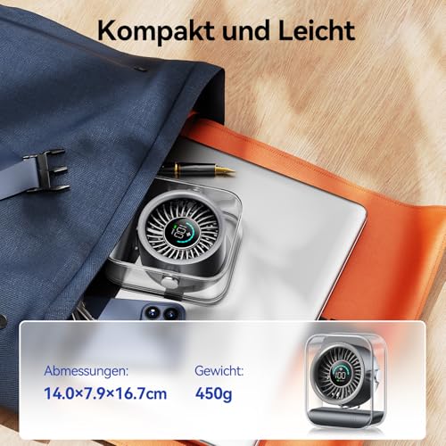 KIMMOO USB-Tischventilator Wiederaufladbar, Leiser Tischventilator mit Turbo-Luftstrom, 100 Geschwindigkeiten, Digitaldisplay, 90° Schwenkbar, Kleiner Ventilator für Schlafzimmer Büro Reise, Schwarz