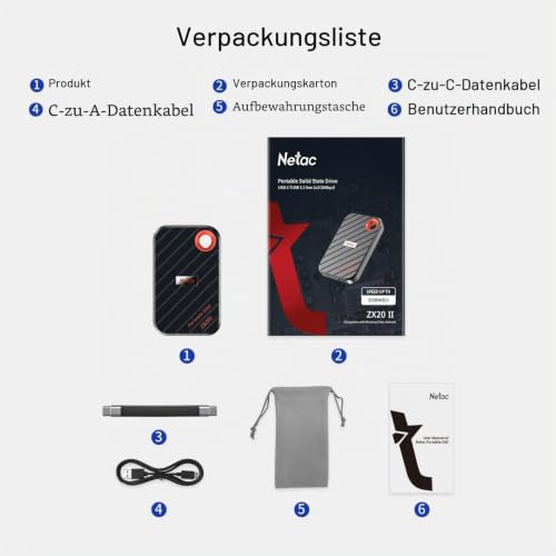 Netac ZX20 II 1TB Portable SSD NVMe Externe Festplatte, USB 3.2-C, Lesegeschwindigkeit bis zu 2000MB/s, Externe Solid State Laufwerke (magnetisches Design, stoß- und fallfest)