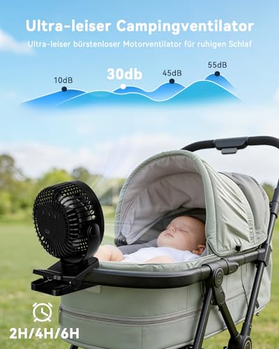 ArsMotin USB Tischventilator Leise mit 12000mAh Akku, Clip Camping Ventilator mit Fernbedienung, Mini Akku Ventilator mit Licht & Timer, 360° Drehbar, 3 Windstufen, Max 44Std Laufzeit für Camping