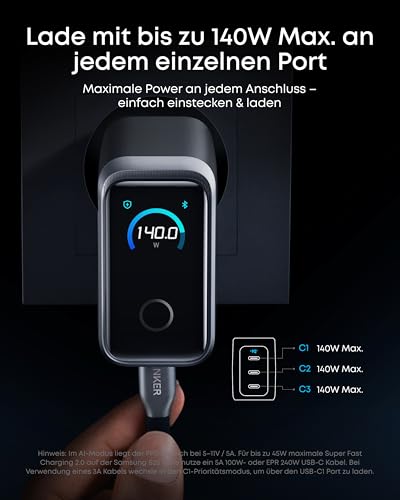 Anker Prime 160W USB C Ladegerät, 3 Ports kompakter GaN USB-C Ladeblock | Smart Display, 140W Max. pro Port, ultra-schnell mit Touch-Steuerung für Laptop, MacBook, iPhone 17/16/15 Serie, Galaxy