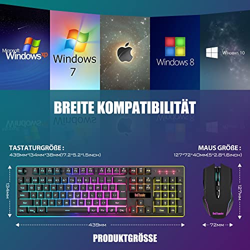 RedThunder K10 Kabelloses Gaming Tastatur und Maus Set, QWERTZ DE Layout, 3000mA Batteriekapazität und 3200 DPI für Gamer (Schwarz)