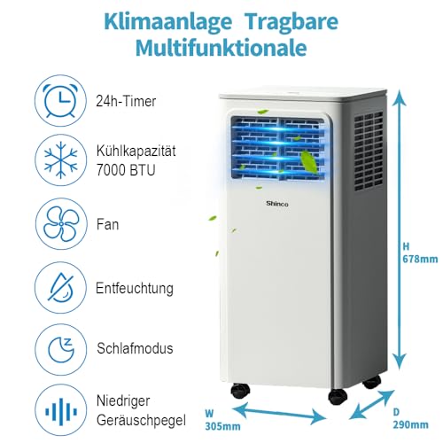 SHINCO 7000 BTU Mobiles Klimagerät(2,05kW), Kühlen&Ventilieren&Entfeuchten, Raumgröße bis 54m³(18㎡), Mobile Klimaanlage mit Abluftschlauch und Ablaufschlauch, Schlafmodus