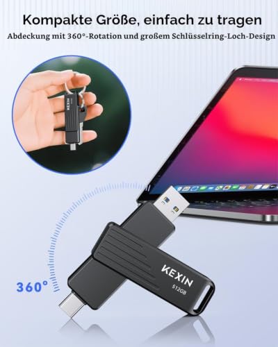 KEXIN 512GB Externe SSD Stick, USB 3.2 Gen 2 mit bis zu 1050 MB/s, 2-in-1 Dual USB Typ C & USB-A, kompatibel mit iPhone 15/16/17, Smartphone, Tablet, Laptop