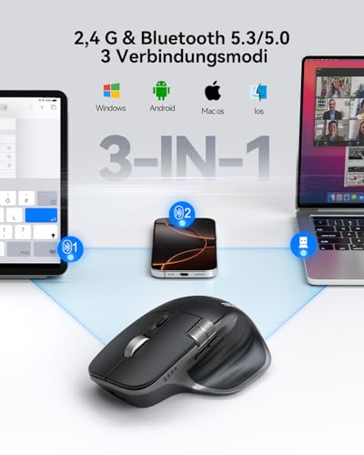 TECKNET Bluetooth kabellose Maus(BT 5.3/5.0+2,4G), Seitliches Mausrad | 700mAh Wiederaufladbare, Ergonomisches, Geräuschloses Klicken 4800 DPI, 7 Tasten, für Mac OS,Windows, Schwarz