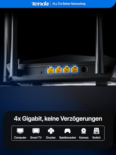 Tenda AC10 WLAN-Router Dual-Band Gigabit AC1200 MBit/s (867 MBit/s 5 GHz + 300 Mbit/s 2,4 GHz, 4X Gigabit Ports, MU-MIMO, Beamforming+, IPTV, 4X 5dbi Antennen, App Verwaltung)