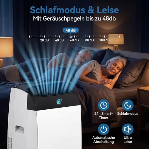 Thaookte Klimaanlage mobil 10000 BTU, 4-in-1: Kühlen, Entfeuchten, Ventilator & Nachtabsenkung, Energieklasse A++, R290, Fernbedienung, geräuscharm, ideal für Wohnzimmer, Schlafzimmer & Büro bis 45 m²