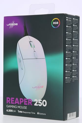 uRage Gaming-Maus mit Kabel „Reaper 250“ (Rainbow LED, ultra leicht, Rechtshänder, 6 programmierbare Tasten, 6.200 dpi, optischer Sensor, Software, abnehmbares Kabel) weiß