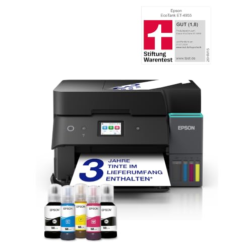 Epson EcoTank ET-4955 A4-Multifunktionsdrucker mit Wi-Fi & AirPrint Tintentank, automatischem Dokumenteneinzug, Duplexdruck, Scannen, Kopieren & Fax, bis zu 3 Jahre Tinte im Lieferumfang enthalten