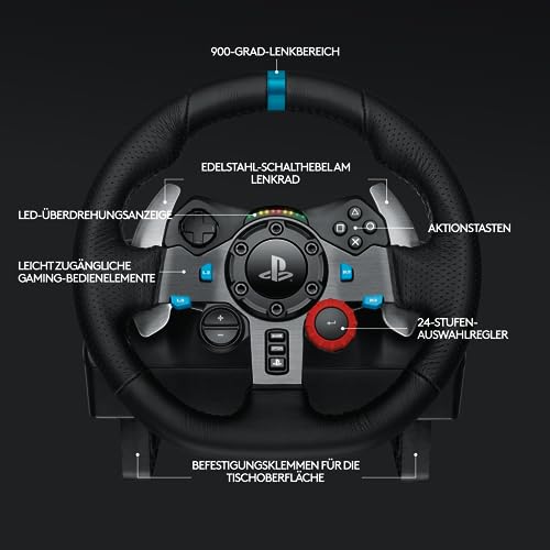 Logitech G29 Driving Force Gaming Rennlenkrad, Zweimotoriges Force Feedback, 900° Lenkbereich, Racing Leder-Lenkrad, Verstellbare Edelstahl Bodenpedale, für PS5, PS4, PC, Mac - Schwarz